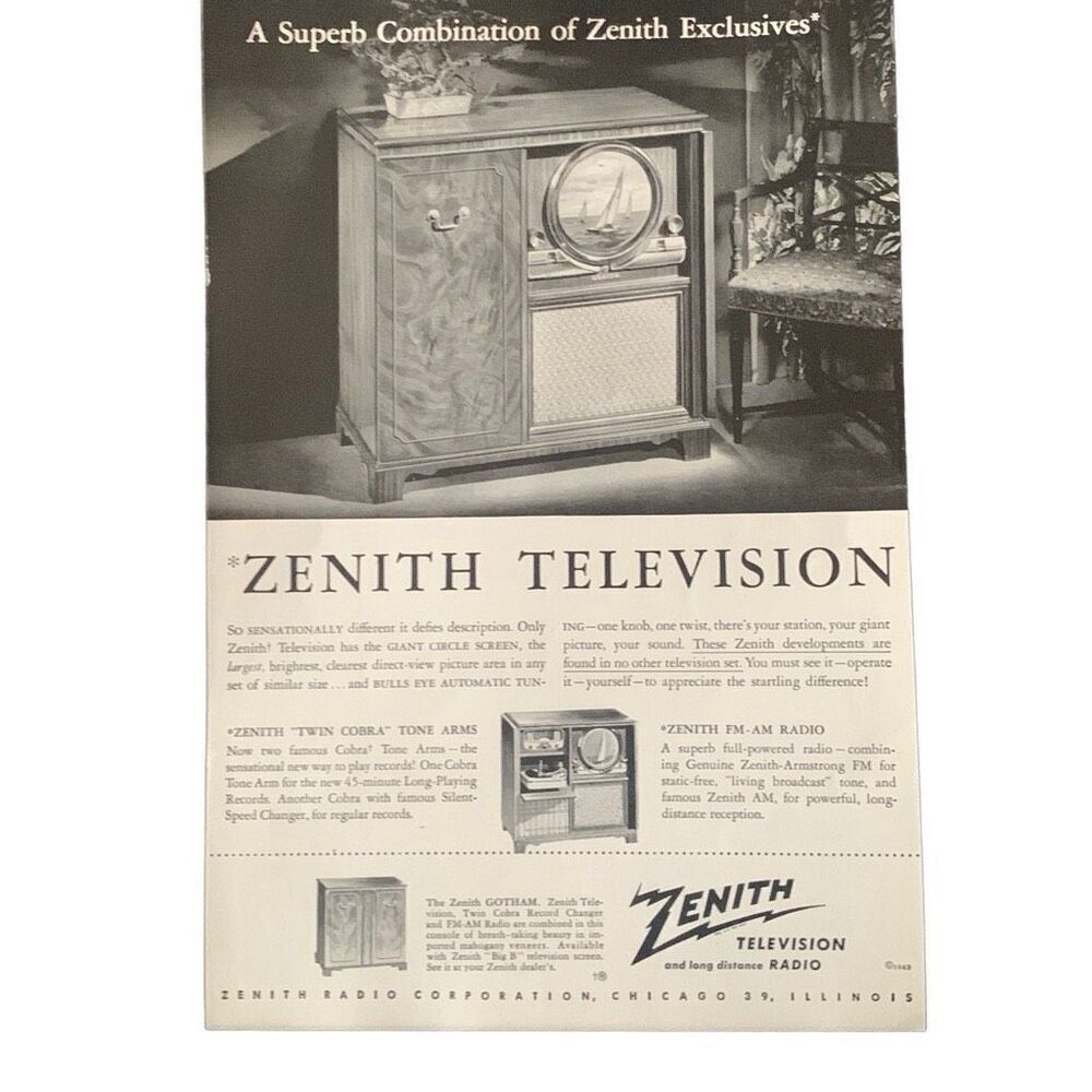 Vintage 1949 Zenith Television Combination of Exclusives Ad Advertisement